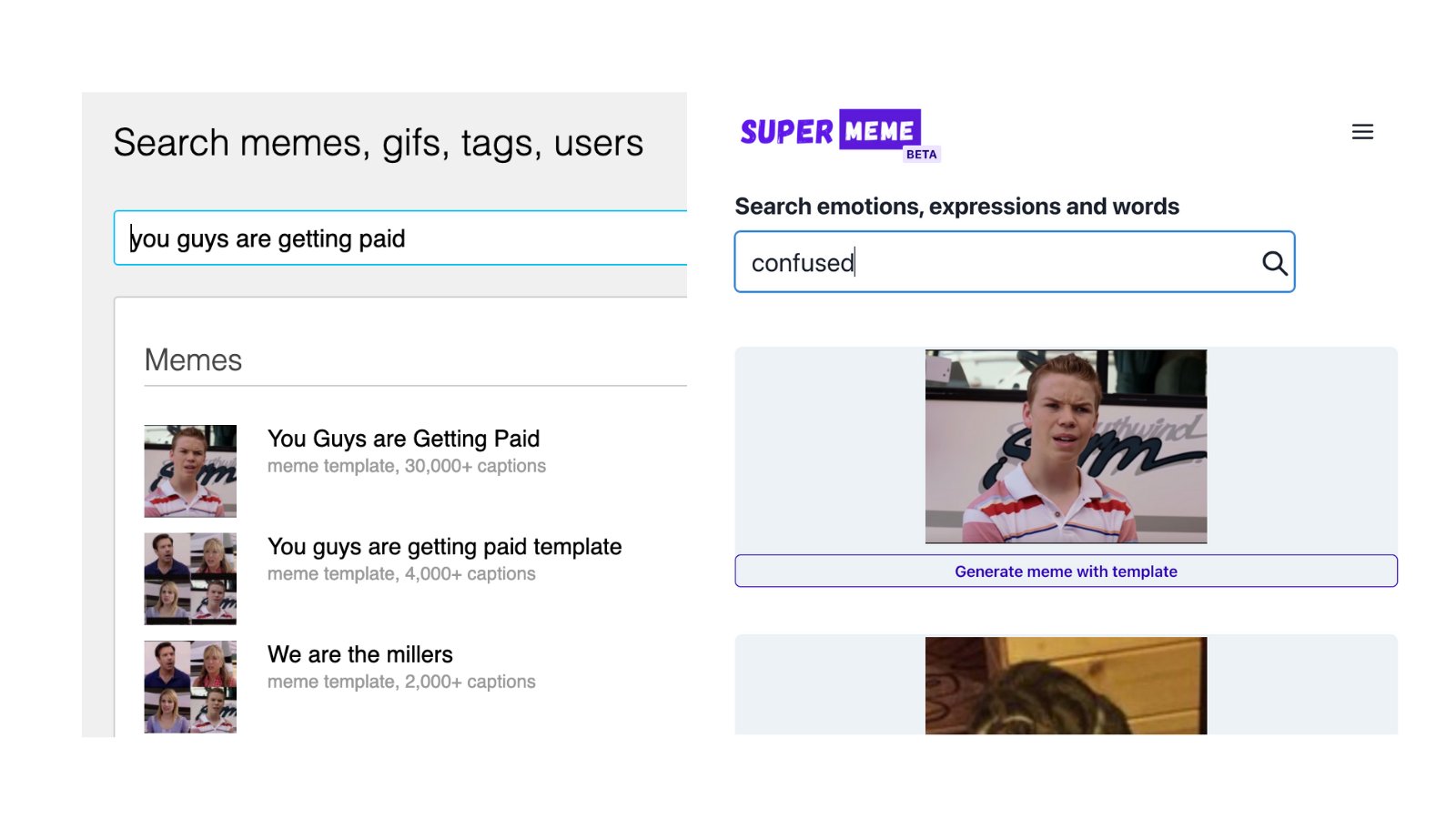 Early Supermeme.ai meme-template search experience