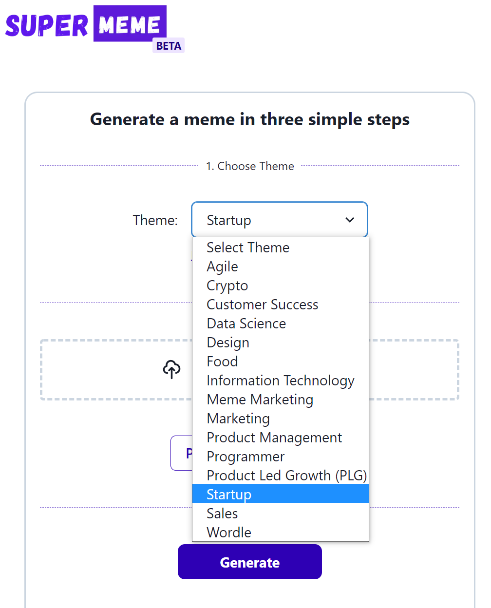 Supermeme.ai interface for choosing a theme before generating a meme