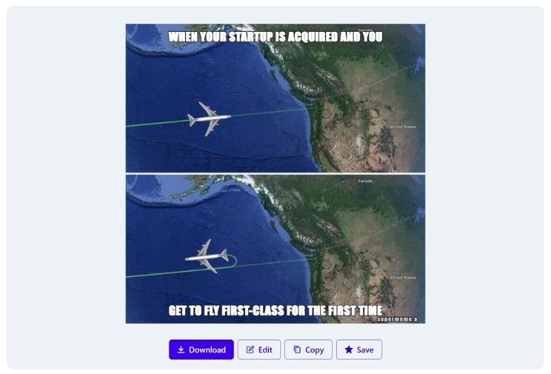 AI-generated startup meme created from an uploaded flight-path template