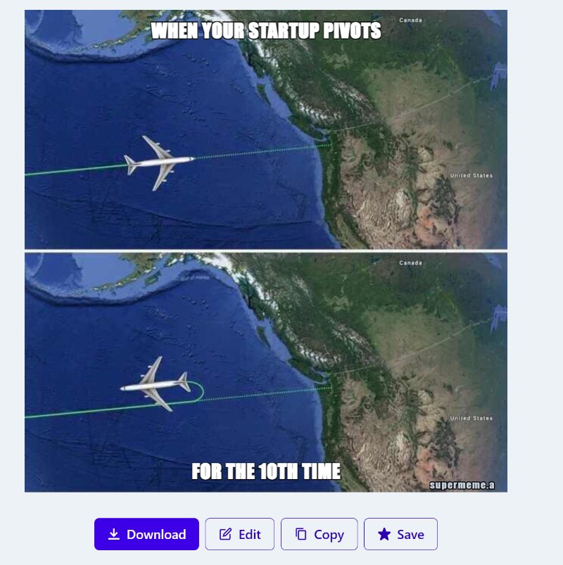 AI-generated startup meme about a company pivoting at the last minute