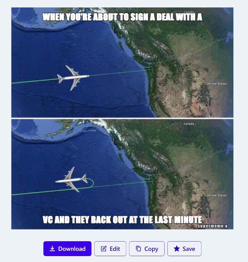 AI-generated startup meme about a venture capitalist backing out