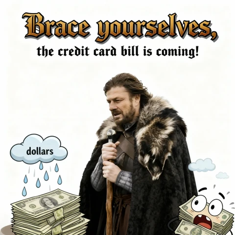 Fur-cloaked character beside money illustrations with the caption: Brace yourselves, the credit card bill is coming