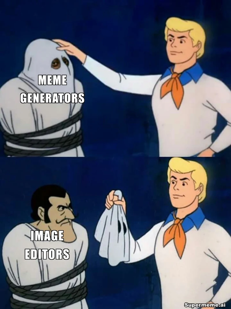 Fred removes a hood from a tied-up figure labelled Meme generators to reveal a man labelled Image editors, with a Supermeme.ai watermark.