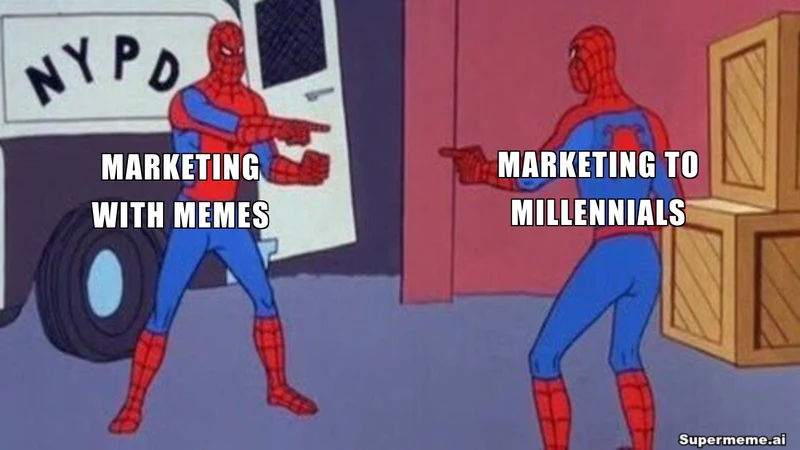 Two matching Spider-Man characters point at one another, labelled Marketing with memes and Marketing to millennials, with a Supermeme.ai watermark.