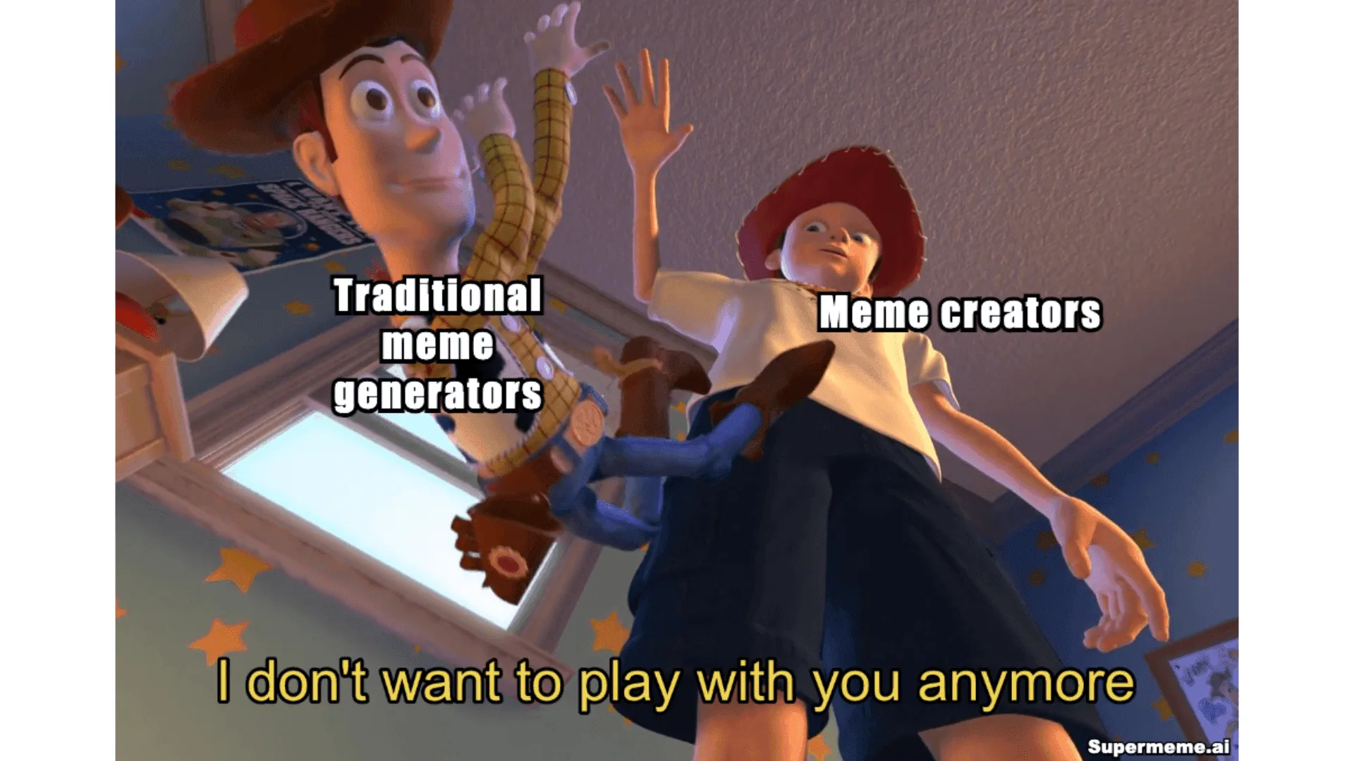 Toy Story meme showing a creator choosing an AI meme generator over a traditional meme generator