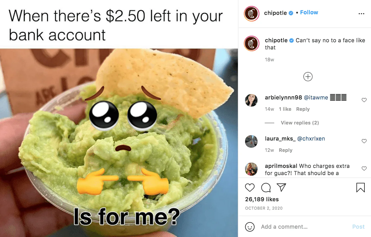 Archived Chipotle post joking about craving food with only a few dollars left