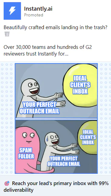 Archived Instantly promoted post leading with the relatable pain of emails landing in spam