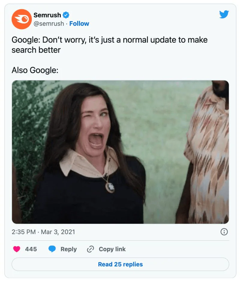 Archived Semrush post using an expectation-versus-reality meme about Google updates