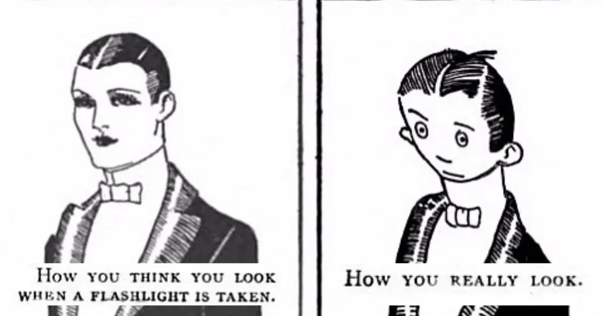 1921 Judge magazine cartoon comparing how you think you look in a photograph with how you really look