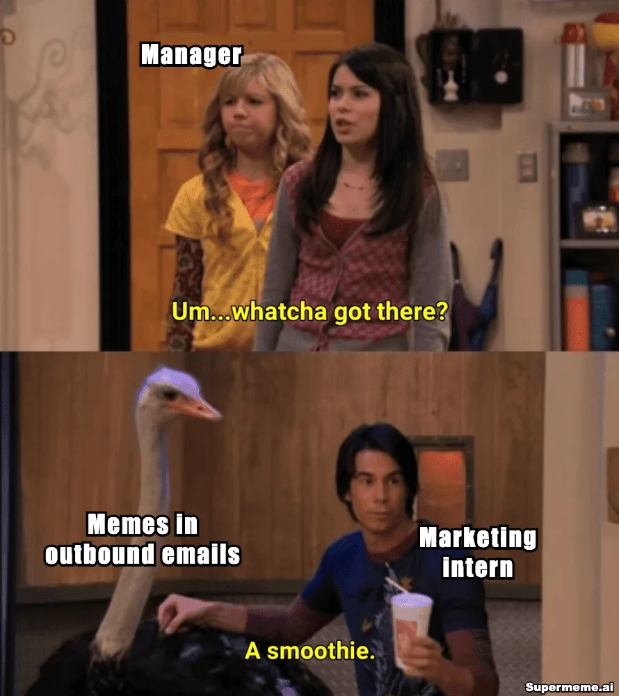 Marketing intern meme presenting memes in outbound emails to a manager