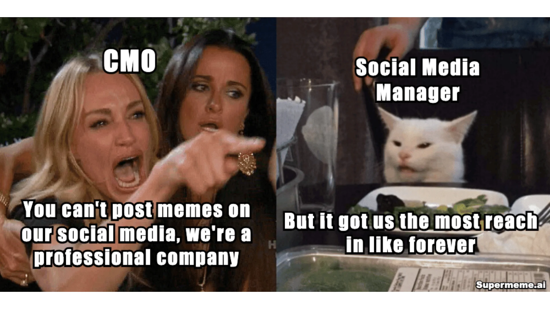 Two-panel meme: a CMO rejects memes while a social media manager says a meme earned the team its most reach in a long time