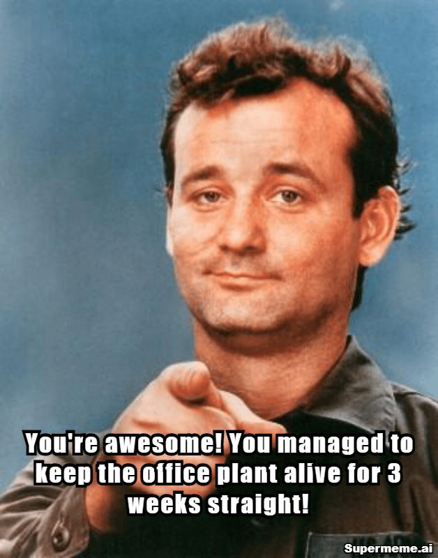 10 year work anniversary meme: You're awesome! You managed to keep the office plant alive for three weeks straight!