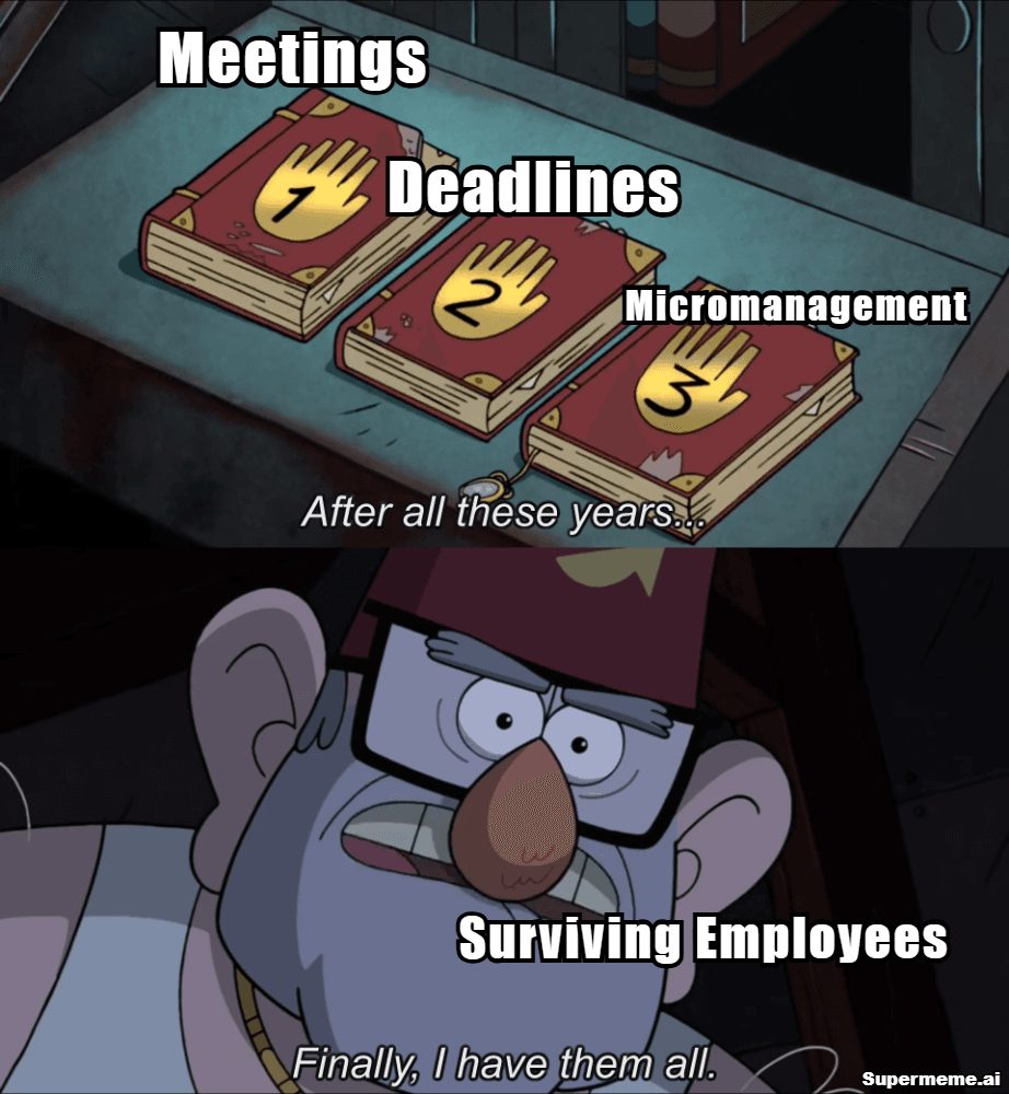 Work meme showing meetings, deadlines, and micromanagement as Infinity Stones collected by surviving employees