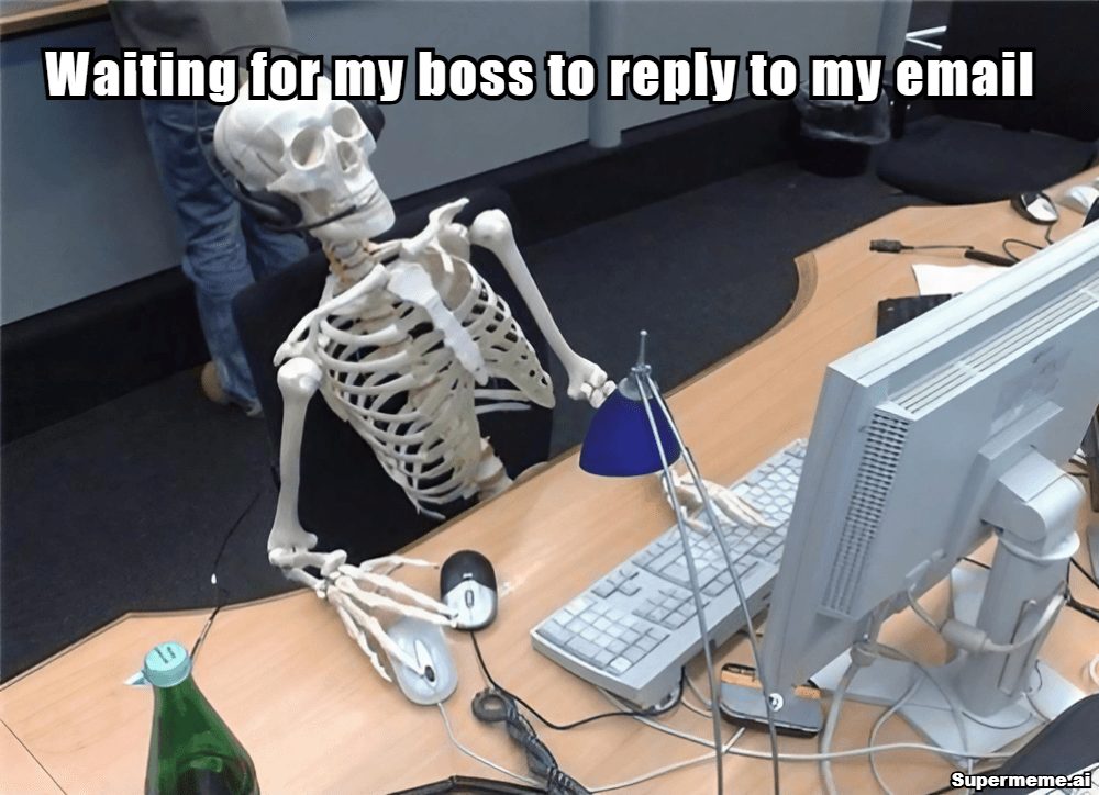 Work meme showing a skeleton at a computer waiting for the boss to reply to an email