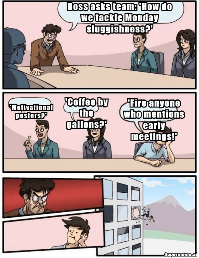 monday work meme — Every “how do we fix Monday morale” meeting, in one boardroom.
