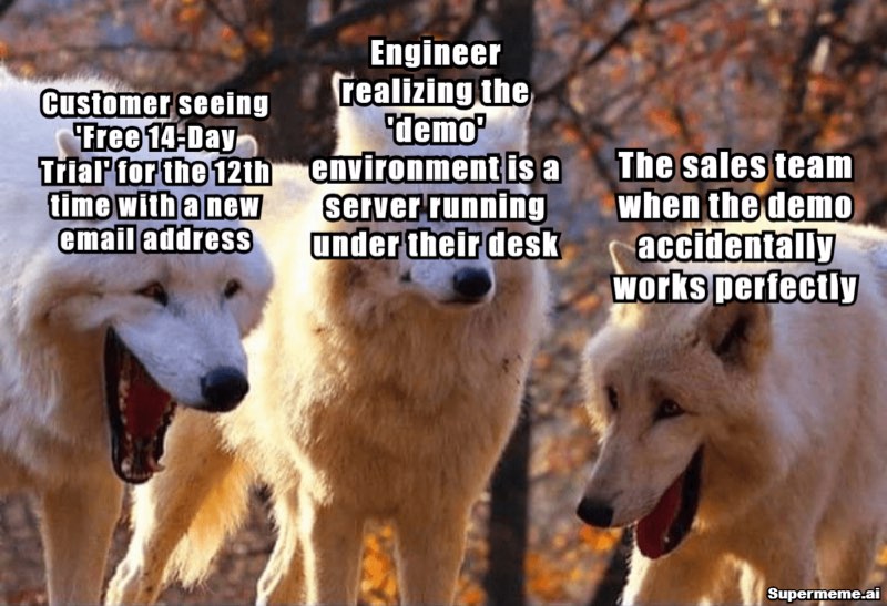 saas meme — The entire SaaS org chart reacting to one demo, in three wolves.