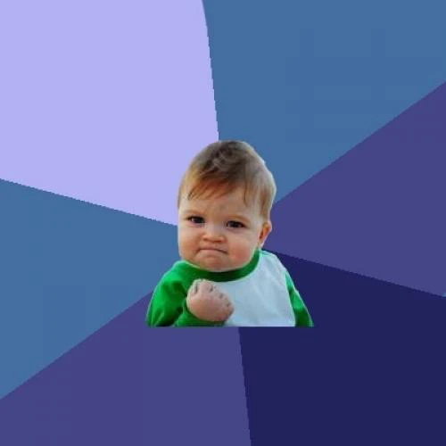 Blank Success Kid meme template with a raised fist against blue and purple rays